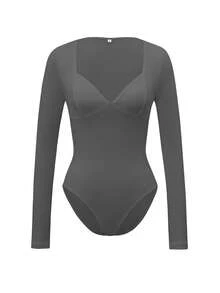 Vaiaye 女士性感 Y2K 修身针织黑色连体衣，V 领长袖春夏连体衣，优雅 - 灰色 - 查看 3