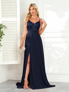 CEILIM Party Sexy Camisole Dress With A Transparent Triangular Chest, Sequined Upper Body, Chiffon Lower Body, Luxurious And Elegant Evening Gown - Navy Blue - View 5