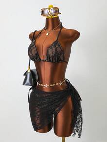 3pcs Women Sexy Lace Beaded Bikini Set, Fashion Beach Swimwear, Suitable For Beach, Vacation, Yacht Party Summer - Black and Brown - View 3