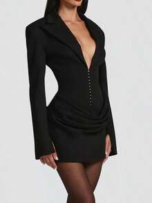 Stylish Deep V Neck Pencil Hem Bodycon Mini Dress For Women Long Sleeve Knitted Button Front Elegent Black Dress Women - Black - View 4