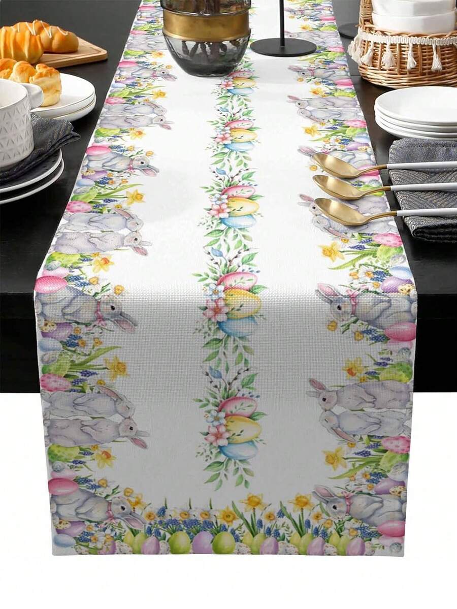 Easter Bunny Egg Flower Leaf Plant Table Runner Holiday Party Decor Washable Farmhouse Kitchen Dining Table Runner Easter Decorations - Multicolor - View 1