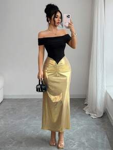 Elegant Women's Off-Shoulder Gold And Black Knit Bodycon Dress With Ruffle Details - Multicolor - View 8