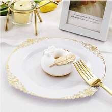 50/25/12pcs Gold Plastic Dinnerware Set, 10.25" Dinner Plates/7.5" Dessert Plates, White Base With Gold Embossed Dragon Pattern Plates, Reusable Party Plates, Fruit/Cake Trays, Chargers, Space-Saving Stackable, Ideal For Weddings, Parties, Birthday Gatherings, Outdoor Garden Parties, Christmas, Thanksgiving Dinners - Gold - View 6