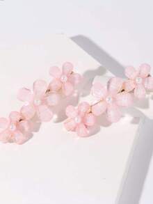 2pcs Elegant Faux Crystal Flower & Pearl Edged Hair Clips, Claw Clips, Hair Slide, Hair Barrettes, Head Accessories, Hair Accessories For Women - Baby Pink - View 3