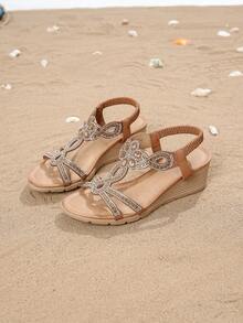 Women's Rhinestone Embellished Wedge Heel Open Toe Sandals, Summer - Camel - View 7