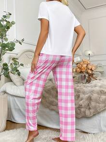 两件套女士爱心印花格子短袖上衣和裤子睡衣套装，休闲舒适家居服 - 白色 - 查看 3