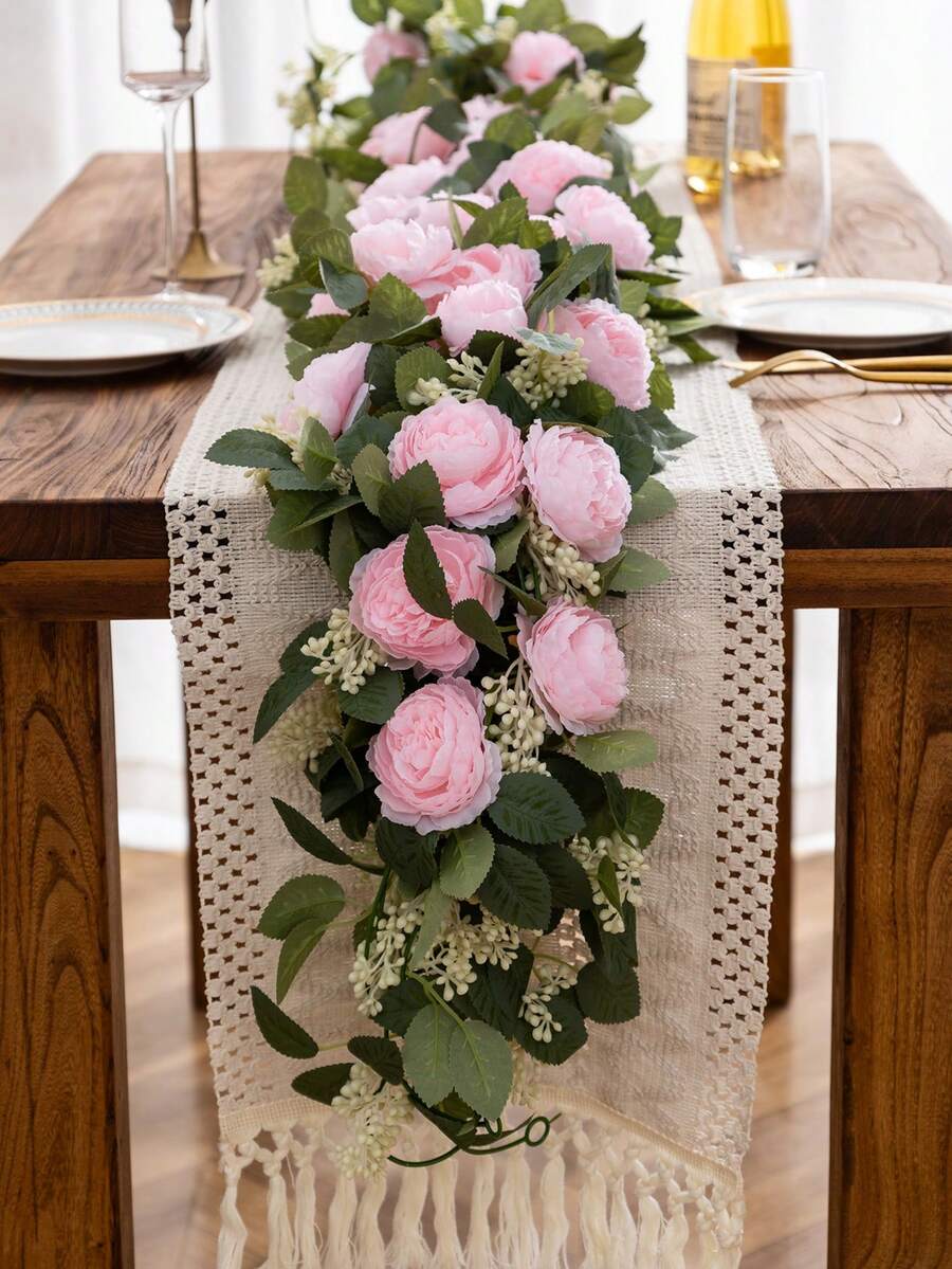 MEHELANY 1Pc 6.7ft Pink Artificial Peony Rattan, Green Plant Wreath Floral Decoration, Fake Flower Peony Rose Vine Green Plant, Spring Wreath Vine Decoration For Dining Table, Home, Wedding, Mantel Party, Wedding Party Arch Table Wall Background Decoration - Light Pink - View 1