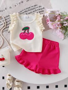 2pcs Baby Girl Summer Fashionable Cherry Embroidery Sleeveless Top And Ruffle Elastic Waist Shorts Set - Hot Pink - View 1