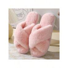 Women's Plush Cross-Strap Slippers, Open-Toe Slippers, Warm Cotton Slippers For Home Wear, Available In Burgundy, Khaki, Pink, White, And Coffee Colors. - Pink - View 7