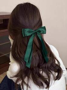 2 件装女士发夹，深绿色流苏蝴蝶结发夹，长尾，纯色缎面涤纶鳄鱼夹，时尚发饰，发卡，头饰 - 墨綠色 - 查看 3