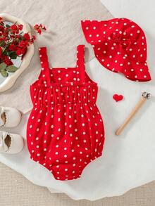 夏季女婴可爱红色波点蝴蝶结连体衣和蝴蝶结遮阳帽 - 紅色 - 查看 2