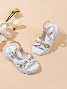 女童罗马凉鞋，新款夏季时尚厚底中跟绑带凉鞋，百搭仙女风女童夏季透气休闲厚底魔术贴软底凉鞋 - 白色 - 查看 1