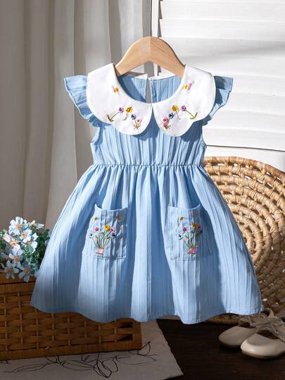 Baby Girls Summer New Peter Pan Collar Floral Embroidery Cap Sleeve Pleated A-Line Casual Pocket Dress