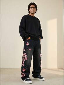 Jeans anchos de pierna ancha con lavado y bordado de flor de ciruelo, estilo grunge - Negro - Ver 5