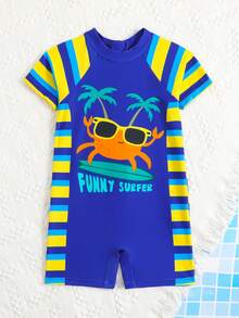 Young Boy Crab Cartoon Print Striped Raglan Short Sleeve Romper Swimsuit - Yellow - View 3