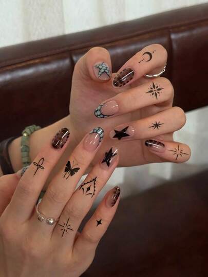 STARTTOOS 2 Tờ Hình Xăm Dán Ngón Tay Nhiều Họa Tiết Tinh Tế, Thiết Kế Ngôi Sao Y2K, Trăng, Nơ, Hoa, Hình Xăm Giả Tạm Thời Thích Hợp Cho Cổ Tay, Mắt Cá Chân, Vai, Cổ, Cổ Áo, Quà Tặng Tự Làm cho Lễ Hội, Ngày Valentine, Tiệc Tùng, Hình Xăm Dán Cơ Thể Sống Động Không Thấm Nước