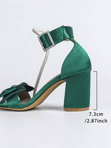 Women's Bow & Rhinestone Decor Chunky Heel Open Toe Ankle Strap Sandals, French Chic Style, Green High Heel Sandals For Summer - Green - View 8