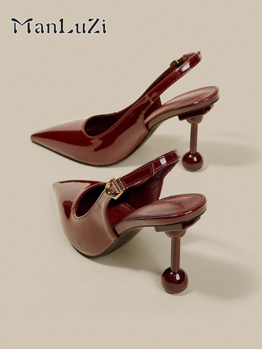 女士酒红色漆皮尖头不对称高跟鞋,优雅正式时尚闭趾搭扣派对礼服鞋,通勤高跟鞋 - 酒紅色 - 查看 1