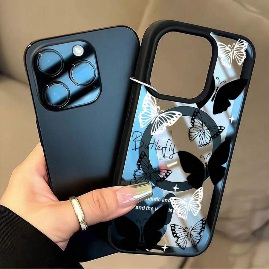Schwarz-weiße Linien-Schmetterling-Handyhülle für iPhone 16 15 Pro Max 14 13PRO 12PRO 12 11 14 Pro Max 15 Pro 16 Plus 13 13 Pro Max XR XS MAX 16 Pro Max minimalistische Schutzhülle - Weiss - Übersicht 1