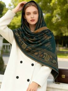 1条女士经典复古优雅波西米亚风时尚花草图案休闲百搭提花围巾，适合各种服饰搭配 - 綠色 - 查看 2