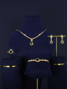 5pcs 18K Gold Plated Luxury Royal Style Water Drop Tassel Design Bridal Wedding Jewelry Set, Handset White Cubic Zirconia, Including Necklace, Bracelet, Earrings, Ring, Suitable For Daily Wear And Wedding, Wedding Anniversary Gift - Teardrop Green Diamond Bridal Set - View 1