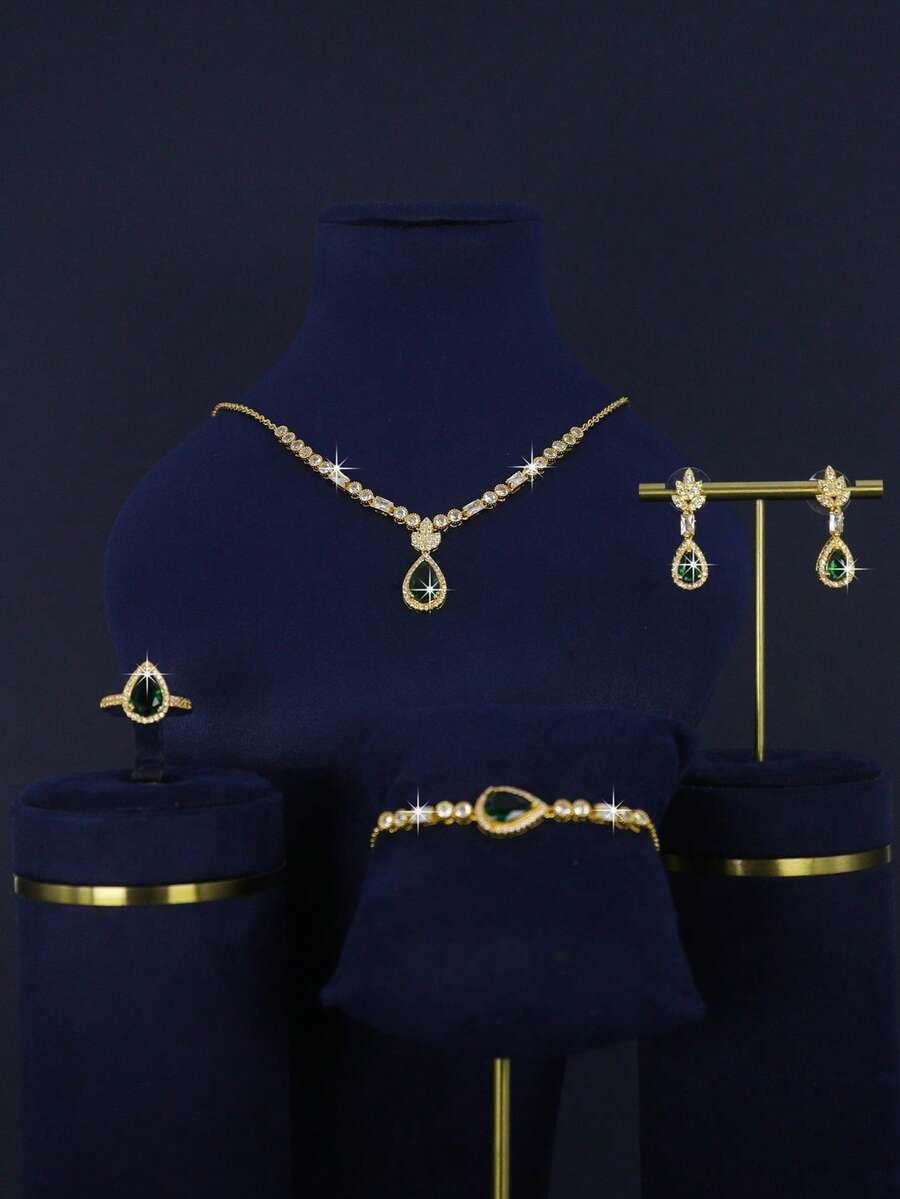 5pcs 18K Gold Plated Luxury Royal Style Water Drop Tassel Design Bridal Wedding Jewelry Set, Handset White Cubic Zirconia, Including Necklace, Bracelet, Earrings, Ring, Suitable For Daily Wear And Wedding, Wedding Anniversary Gift - Teardrop Green Diamond Bridal Set - View 1