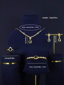 5pcs 18K Gold Plated Luxury Royal Style Water Drop Tassel Design Bridal Wedding Jewelry Set, Handset White Cubic Zirconia, Including Necklace, Bracelet, Earrings, Ring, Suitable For Daily Wear And Wedding, Wedding Anniversary Gift - Teardrop Green Diamond Bridal Set - View 2