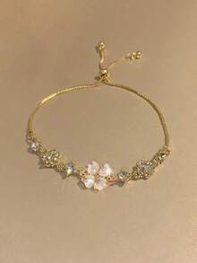 1pc Rhinestone & Cat's Eye & Flower Petal Design Delicate Pull Chain Bracelet Valentines,Mom,Mother,Mother's Day,Gift - Multicolor - View 8