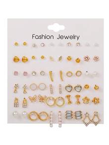 30 Pairs Fashion Simulated Pearls Heart Butterfly Flower Stud Earring Set For Girls Elegant Bowknot Geometric Drop Earrings Friendship Jewelry Party Gifts - Multicolor - View 5