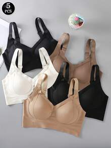 5件装经典简约薄款女士运动文胸，舒适吊带后背钩扣设计，可调节肩带，可拆卸胸垫，无钢圈文胸，休闲日常打底衫，条纹无缝柔软支撑提拉文胸，防下垂侧边聚拢文胸 - 彩色 - 查看 13