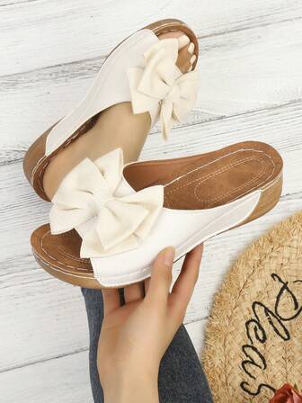Women's Solid Color Slip-On Bow Decor Platform Slippers, Soft Beach Party Holiday Fashion Elegant Wedding Casual Sexy Outdoor Wedge Thick Bottom Sandals, Summer