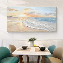Arte de pared de lienzo con vista abstracta al mar, ola de océano azul con amanecer blanco, tema de playa dorada, decoración sin marco para sala de estar, dormitorio, baño, oficina en casa - Decoración de pared de moda - Multicolor - Ver 5