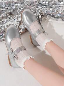 Simple Shiny Elegant Thin Bow Tie Girls' Silver Comfortable Dance Shoes, Suitable For Daily, School, Party, Wedding, Outdoor Gathering, Children's Casual Slip-On Round Toe Patent Leather Flat Shoes - Silver - View 13