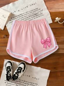 2pcs/Set Girls' Creative Bow Print T-Shirt And Shorts, Suitable For Summer, Spring/Summer New Outdoor Casual Wear - Multicolor - View 6