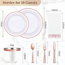 700PCS Gold Disposable Dinnerware Set Guests, Plastic Plates Party, Wedding, Include: 200 Plastic Plates, Gold Silverware, Cups, Napkins - 50 Khách + Vàng Hồng - Xem 6