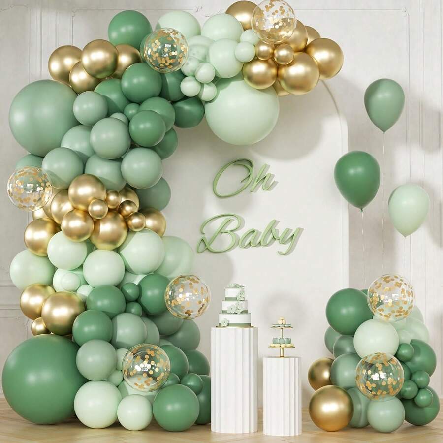 174PCS Sage Green Balloon Arch Decoration Kit, Green White And Gold Metallic Confetti Balloon Set, DIY Party Balloon Arch Background Decor For Birthday Parties, Hunting Theme Events, Weddings, Baby Showers And Celebrations - màu xanh lá - Xem 1