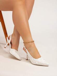 Wide Fit Women Plus Size Pointed Toe Low Vamp High Heel Pumps, Elegant White High Heels, Fashion Thin Heels, Spring/Autumn - White - View 5