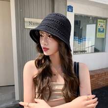 1顶/2顶女士纯色编织草帽，镂空透气遮阳帽，简约时尚沙滩防晒帽，适合沙滩使用 - A - 查看 5