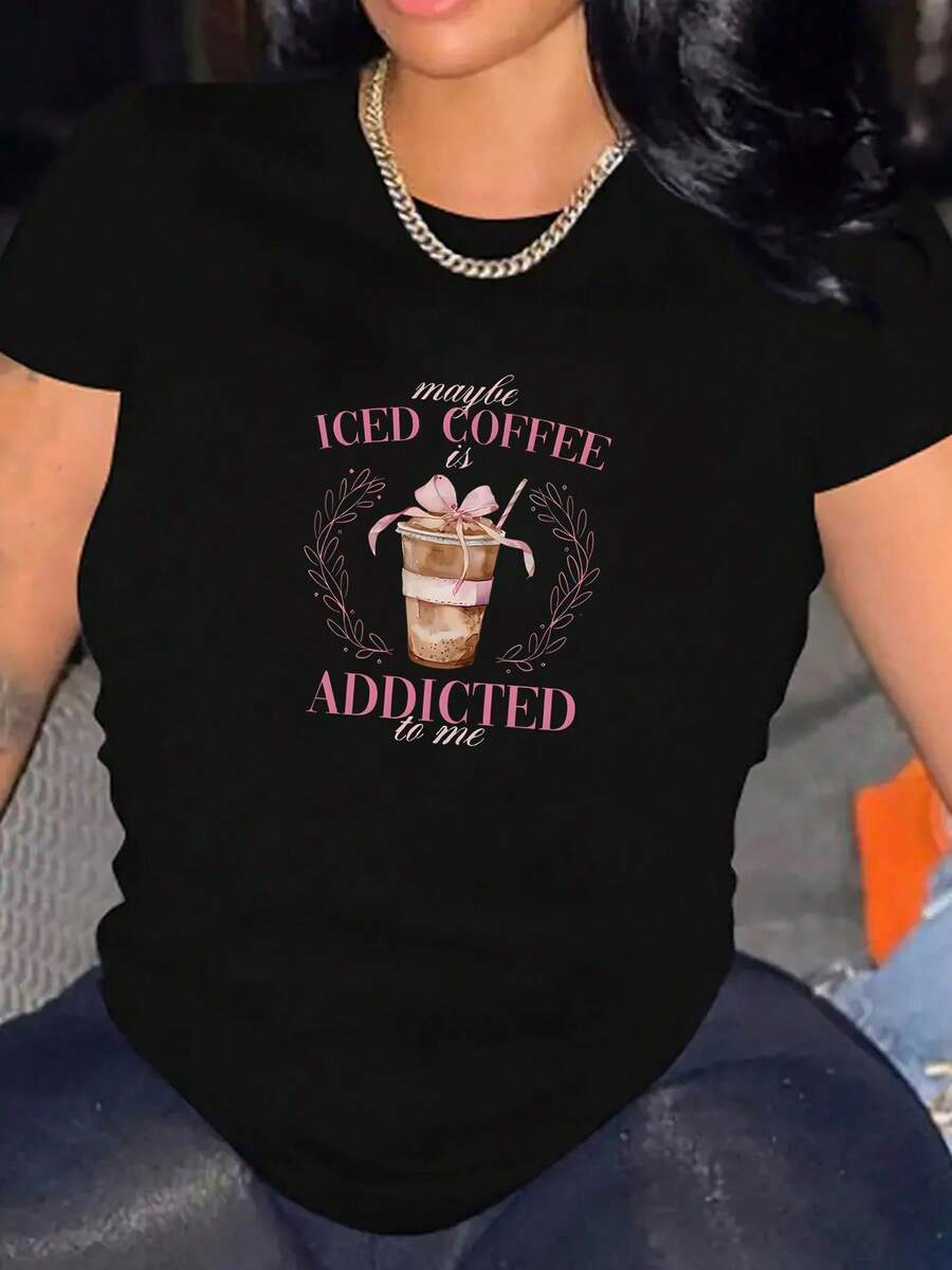 Camiseta de Mujer Impresa con Café Helado, Ligera, Cómoda y Casual, Manga Corta de Alta Calidad - Negro - Ver 1