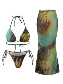 新款欧美风三件套：网纱侧系带泳裤、性感挂脖比基尼上衣和沙滩长裙，夏季度假必备 - 綠色 - 查看 3