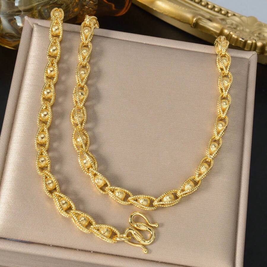 2件套优雅18K镀金镂空编织项链手链首饰套装，复古风格，适合女性日常、派对、活动、节日佩戴 - 金色 - 查看 1