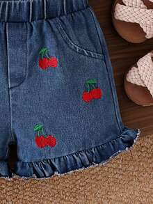 2pcs Baby Girl Sweet & Spicy Style Backless Bow Tie Sleeveless Ruffle Strap Camisole Top And Cherry Embroidery Ruffle Hem Denim Shorts Set - Red - View 8