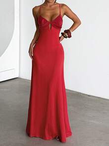 Rochie de vară WOWDARK, rochie elegantă de petrecere cu decolteu în V, decor metalic, spate fără bretele, potrivită pentru Ziua Îndrăgostiților, întâlniri, petreceri, călătorii, vacanțe, plajă și alte ocazii - roșu - Vizualizare 6