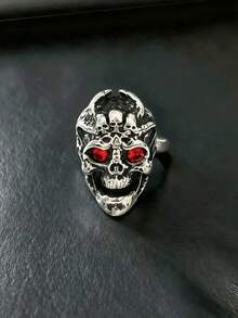 1枚朋克街头风骷髅龙头复古红眼嘻哈小众戒指，适合万圣节、音乐节、派对、街头哥特风，不锈钢电镀防水耐用男士戒指 - 骷髏龍頭男士戒指 - 查看 6