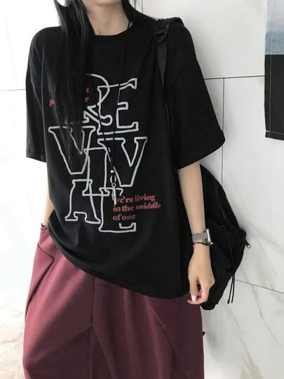 Women's Y2K Oversized T-Shirt - "REVIVAL" Letter Graphic Print Casual Short Sleeve Tee, Retro Streetwear Style, Top Suitable For Summer