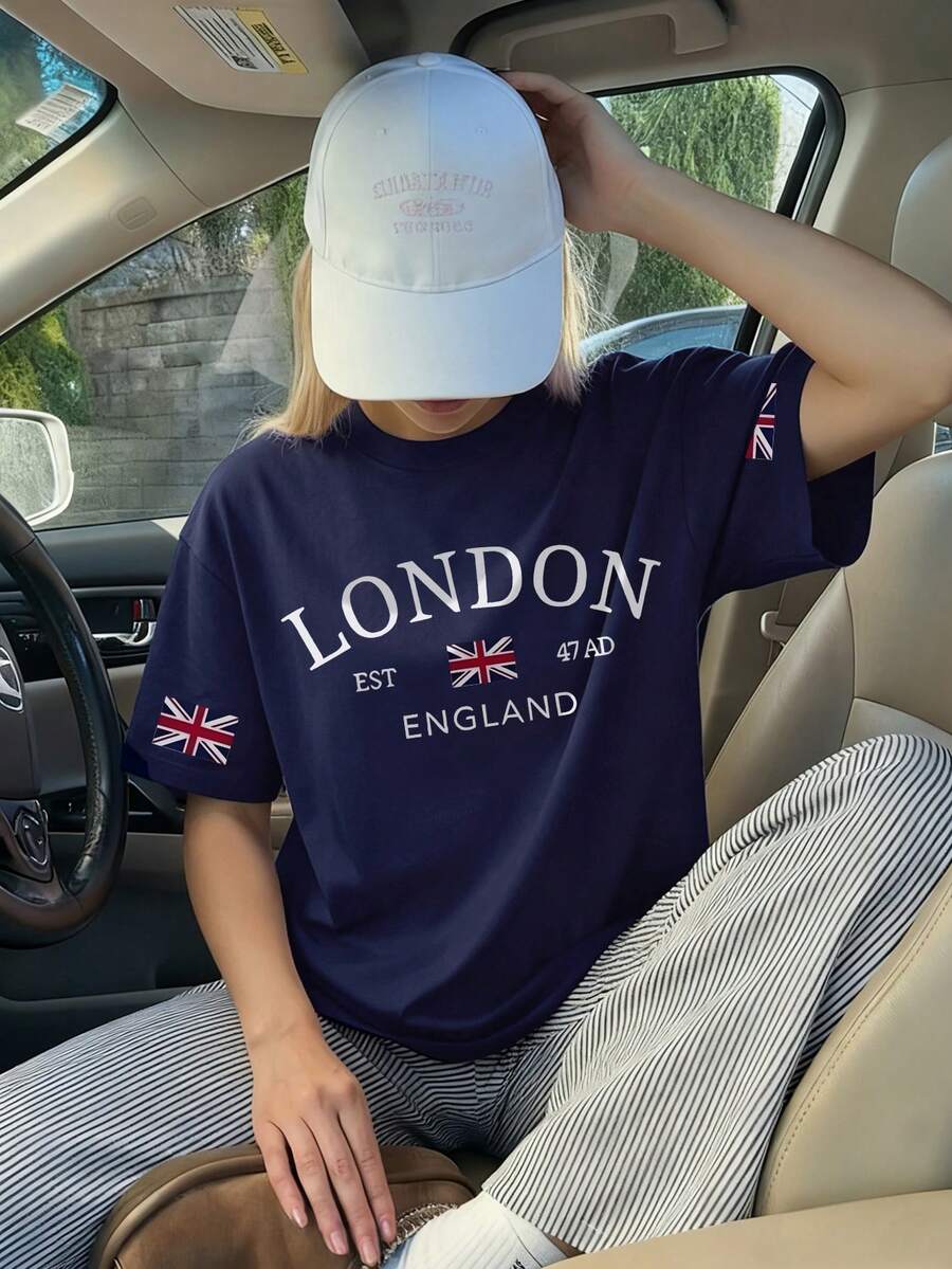 1pc Girls Casual Letter Print Round Neck Short Sleeve T-Shirt, Summer Student Youth Apparel - The T-Shirt With English Letter Print Brings Joy And Happiness To Every Child! LONDON - Navy Blue - View 1