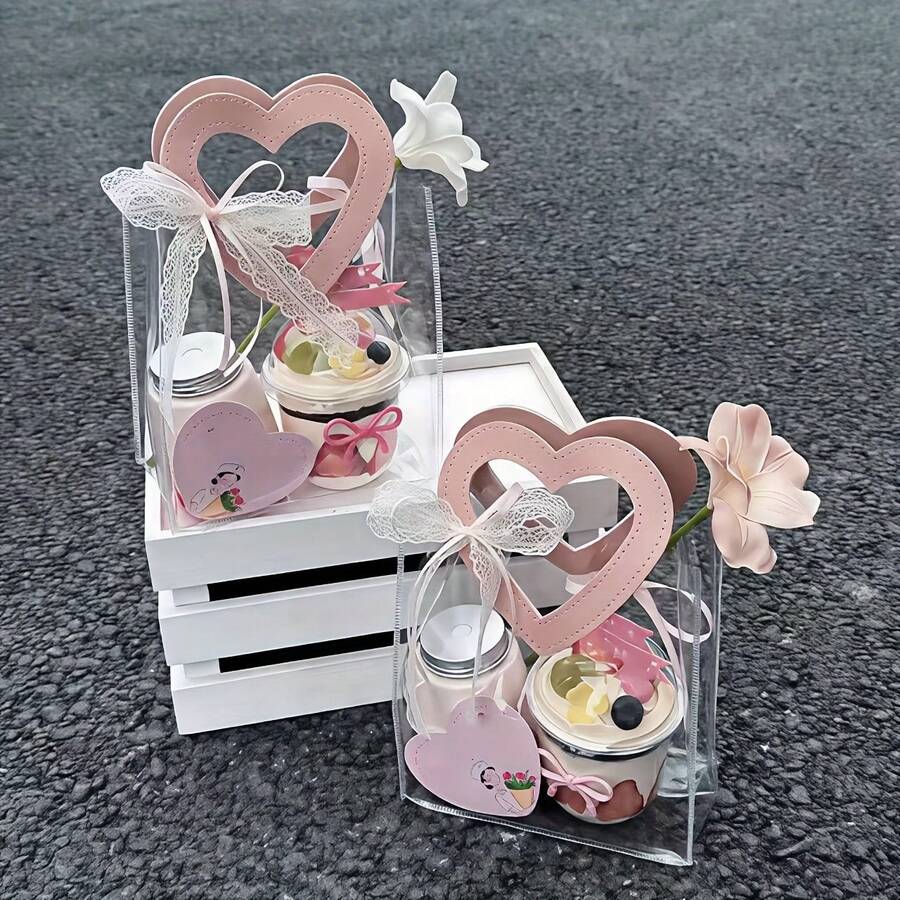 1pc, Reusable Transparent Gift Bag With Pink Handle, Transparent PVC Party Gift Bag, Suitable For Weddings, Bridal Parties, Birthdays, Valentine's Day, Home Decor | Decorative Gift Bags | Durable Gift Bags, Wedding Gift Bags - 粉色 - 查看 1