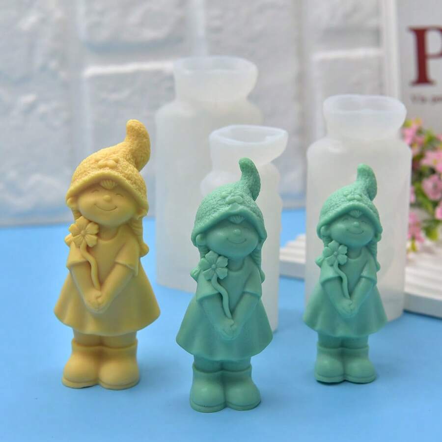 1 pieza Molde de silicona de figura de niña de dibujos animados con un enanito lindo con sombrero - Blanco - Ver 1