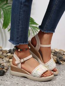 1 Paar Damen Sandalen mit dicker Sohle, modisch neue vielseitige Lässig Beach Römersandalen, Große Größen, Einfarbig, Strand, Zuhause - Beige - Übersicht 5