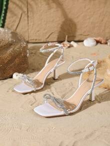 On feet& in love Women's Fashionable & Elegant New Bow Knot Rhinestone Strap Open Toe High Heel Sandals, Versatile For Dresses In Summer - White - View 5